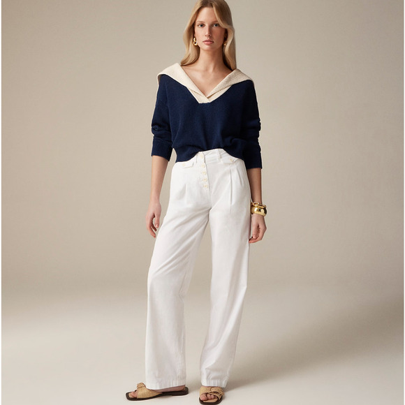 J.Crew Tall Pleated Button Front Pant Chino White High Rise Straight US 8 NWT - Picture 1 of 10